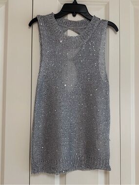 Silver Metallic Sequin Knit Sleeveless Top Open Back Lightweight Size Medium